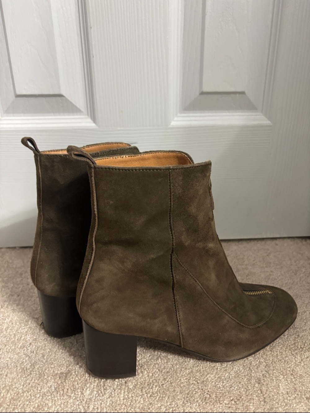 Balzac Paris Block Heel Zipper Front Ankle Boots Olive Suede and Leather Size 7